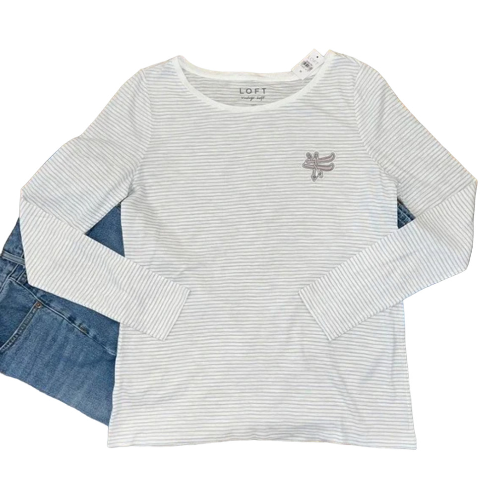 **NWT LOFT White & Grey Striped W/Ski Applique Long Sleeve Cotton Tee -